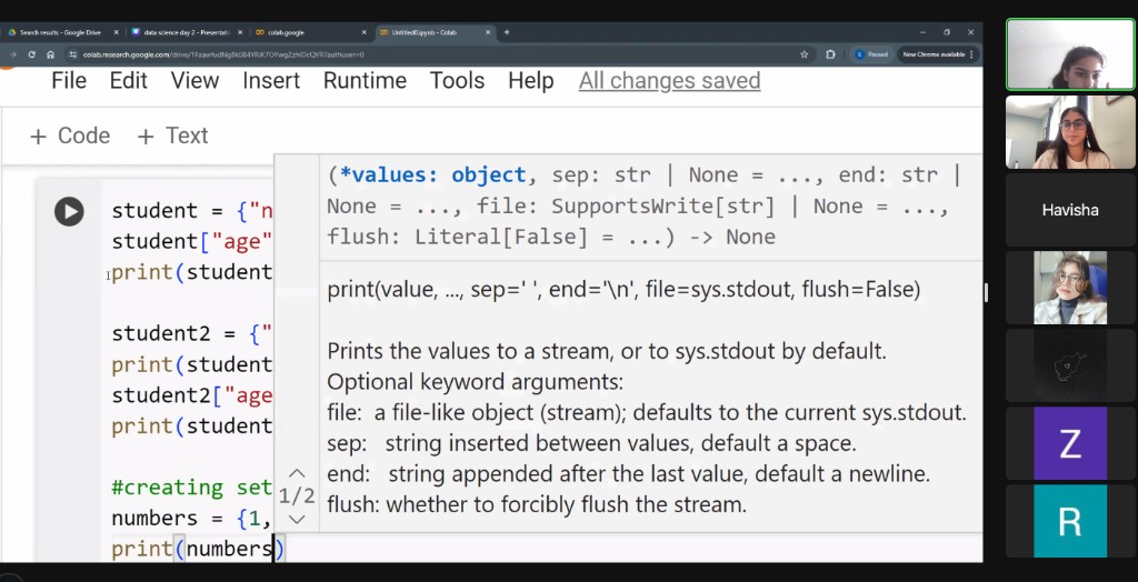 Students learning Python data structures in Google Colab