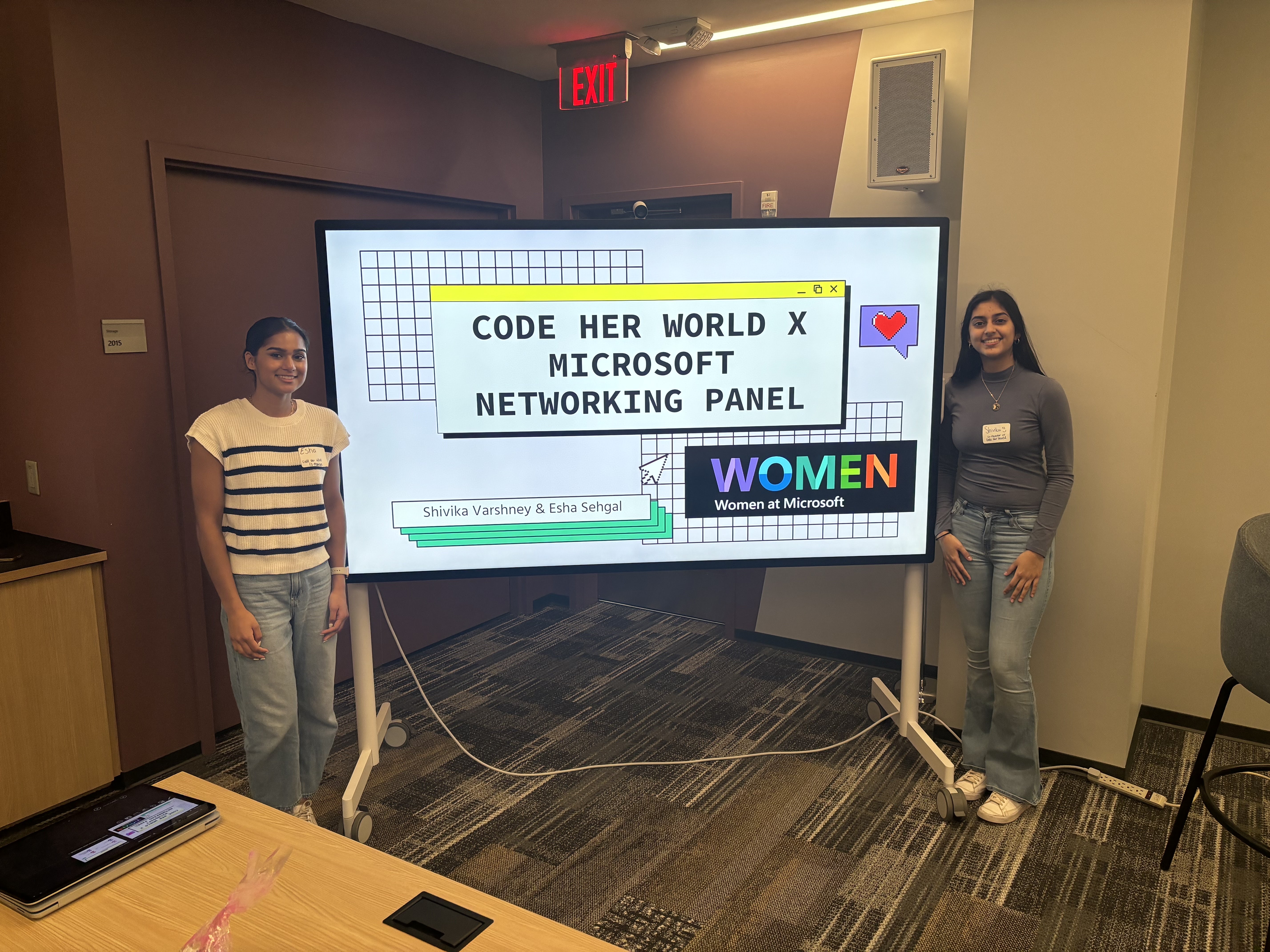 Co-Founders Shivika and Esha leading a networking panel with Microsoft